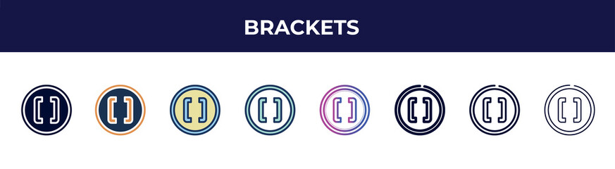 brackets icon in 8 styles. line, filled, glyph, thin outline, colorful, stroke and gradient styles, brackets vector sign. symbol, logo illustration. different style icons set.