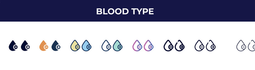 blood type icon in 8 styles. line, filled, glyph, thin outline, colorful, stroke and gradient styles, blood type vector sign. symbol, logo illustration. different style icons set.