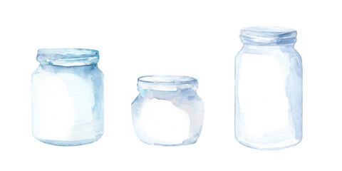 Watercolor glass jars isolated on white background. Empty storage containers.