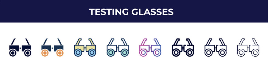 testing glasses icon in 8 styles. line, filled, glyph, thin outline, colorful, stroke and gradient styles, testing glasses vector sign. symbol, logo illustration. different style icons set.