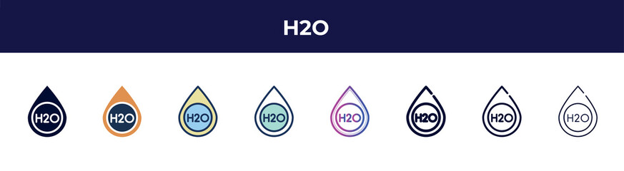 h2o icon in 8 styles. line, filled, glyph, thin outline, colorful, stroke and gradient styles, h2o vector sign. symbol, logo illustration. different style icons set.