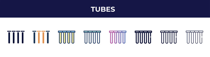 tubes icon in 8 styles. line, filled, glyph, thin outline, colorful, stroke and gradient styles, tubes vector sign. symbol, logo illustration. different style icons set.