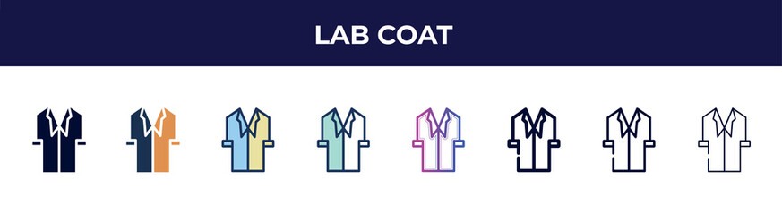 lab coat icon in 8 styles. line, filled, glyph, thin outline, colorful, stroke and gradient styles, lab coat vector sign. symbol, logo illustration. different style icons set.