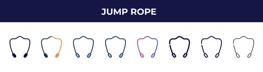 Obraz premium jump rope icon in 8 styles. line, filled, glyph, thin outline, colorful, stroke and gradient styles, jump rope vector sign. symbol, logo illustration. different style icons set.