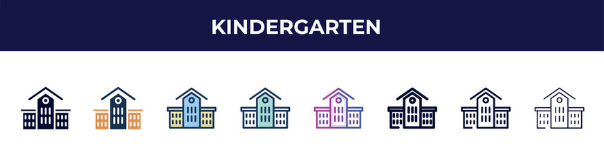 kindergarten icon in 8 styles. line, filled, glyph, thin outline, colorful, stroke and gradient styles, kindergarten vector sign. symbol, logo illustration. different style icons set.