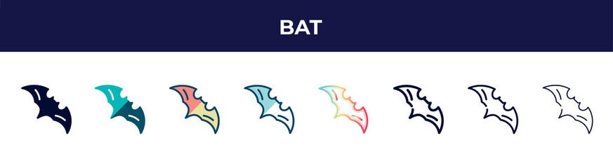 bat icon in 8 styles. line, filled, glyph, thin outline, colorful, stroke and gradient styles, bat vector sign. symbol, logo illustration. different style icons set.