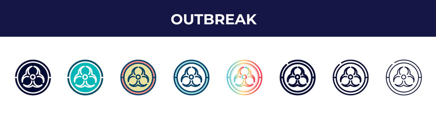 outbreak icon in 8 styles. line, filled, glyph, thin outline, colorful, stroke and gradient styles, outbreak vector sign. symbol, logo illustration. different style icons set.