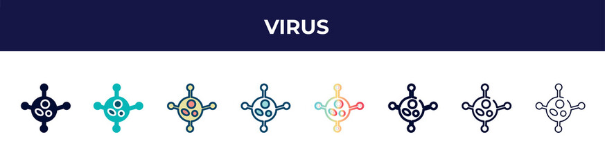 virus icon in 8 styles. line, filled, glyph, thin outline, colorful, stroke and gradient styles, virus vector sign. symbol, logo illustration. different style icons set.