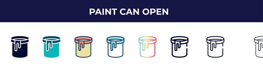 paint can open icon in 8 styles. line, filled, glyph, thin outline, colorful, stroke and gradient styles, paint can open vector sign. symbol, logo illustration. different style icons set.