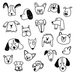 Set of dogs heads in cartoon style. Black linear sketch style for kids apparel and other funny design. Cute caracters puppy