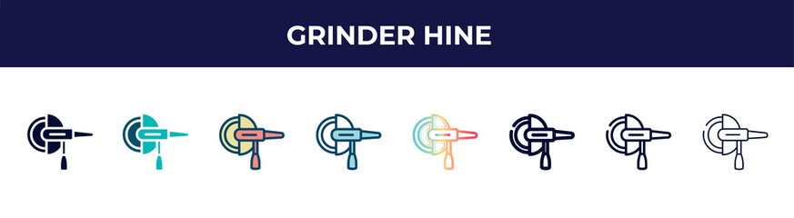 grinder hine icon in 8 styles. line, filled, glyph, thin outline, colorful, stroke and gradient styles, grinder hine vector sign. symbol, logo illustration. different style icons set.