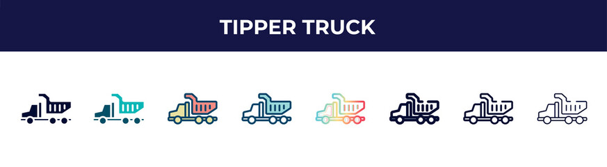 Fototapeta premium tipper truck icon in 8 styles. line, filled, glyph, thin outline, colorful, stroke and gradient styles, tipper truck vector sign. symbol, logo illustration. different style icons set.