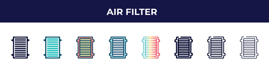 air filter icon in 8 styles. line, filled, glyph, thin outline, colorful, stroke and gradient styles, air filter vector sign. symbol, logo illustration. different style icons set.