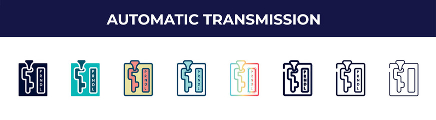 automatic transmission icon in 8 styles. line, filled, glyph, thin outline, colorful, stroke and gradient styles, automatic transmission vector sign. symbol, logo illustration. different style icons