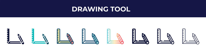 drawing tool icon in 8 styles. line, filled, glyph, thin outline, colorful, stroke and gradient styles, drawing tool vector sign. symbol, logo illustration. different style icons set.