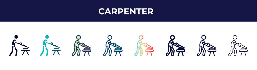 carpenter icon in 8 styles. line, filled, glyph, thin outline, colorful, stroke and gradient styles, carpenter vector sign. symbol, logo illustration. different style icons set.