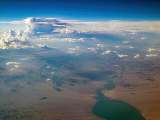 Aerial view of desert and Lake Mohave Marina, view from window seat in an airplane