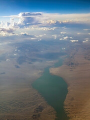 Aerial view of desert and Lake Mohave Marina, view from window seat in an airplane