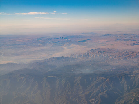 Aerial view of San Bernardino Mountains and Lake Arrowhead, view from window seat in an airplane