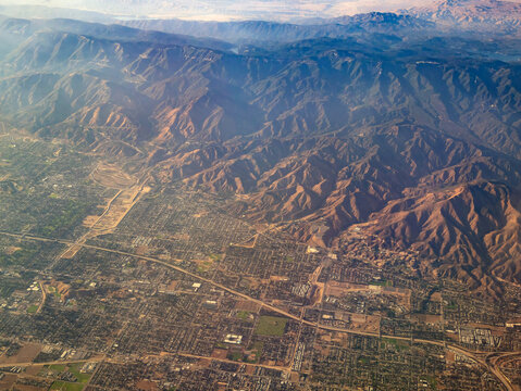 Aerial view of San Bernardino Mountains, view from window seat in an airplane