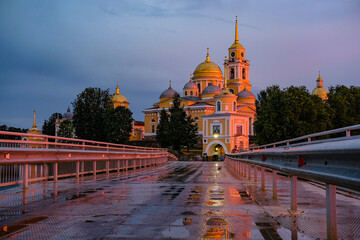 Obraz premium Landscape with the image of the Nilo-Stolobenskaya hermitage in Ostashkov, Russia