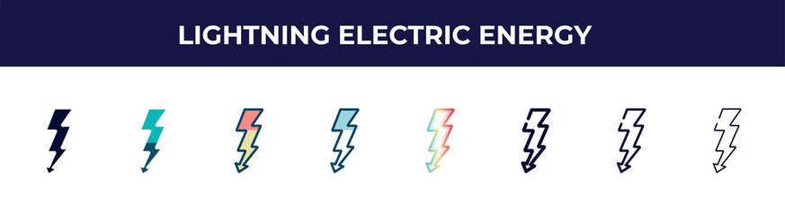 lightning electric energy icon in 8 styles. line, filled, glyph, thin outline, colorful, stroke and gradient styles, lightning electric energy vector sign. symbol, logo illustration. different style