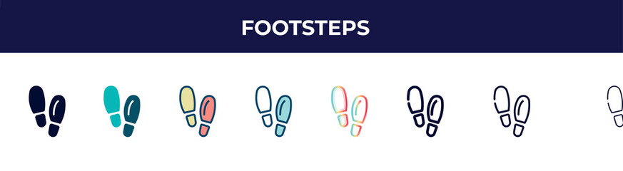 footsteps icon in 8 styles. line, filled, glyph, thin outline, colorful, stroke and gradient styles, footsteps vector sign. symbol, logo illustration. different style icons set.