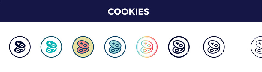 Obraz premium cookies icon in 8 styles. line, filled, glyph, thin outline, colorful, stroke and gradient styles, cookies vector sign. symbol, logo illustration. different style icons set.