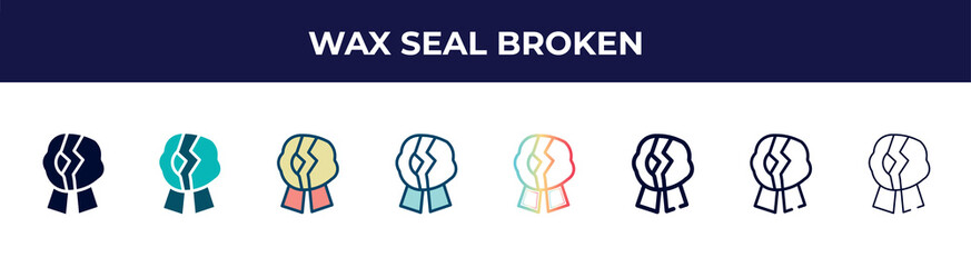 wax seal broken icon in 8 styles. line, filled, glyph, thin outline, colorful, stroke and gradient styles, wax seal broken vector sign. symbol, logo illustration. different style icons set.