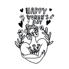 Since March 8. International Women's Day. The girl lovingly hugs herself and holds flowers. Postcard for March 8. Vector flat illustration isolated on white background.