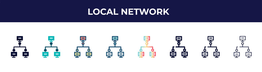 local network icon in 8 styles. line, filled, glyph, thin outline, colorful, stroke and gradient styles, local network vector sign. symbol, logo illustration. different style icons set.