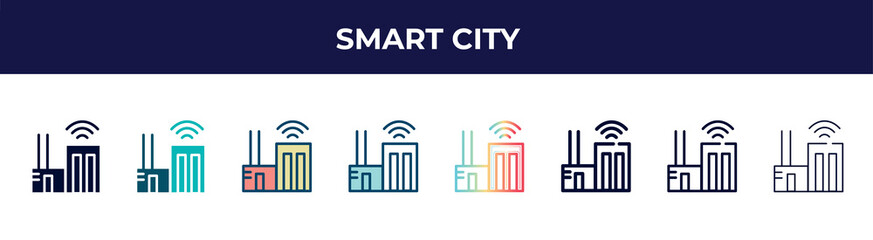 smart city icon in 8 styles. line, filled, glyph, thin outline, colorful, stroke and gradient styles, smart city vector sign. symbol, logo illustration. different style icons set.