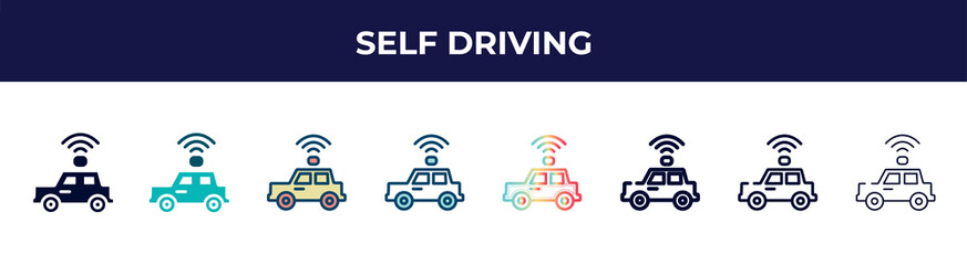self driving icon in 8 styles. line, filled, glyph, thin outline, colorful, stroke and gradient styles, self driving vector sign. symbol, logo illustration. different style icons set.