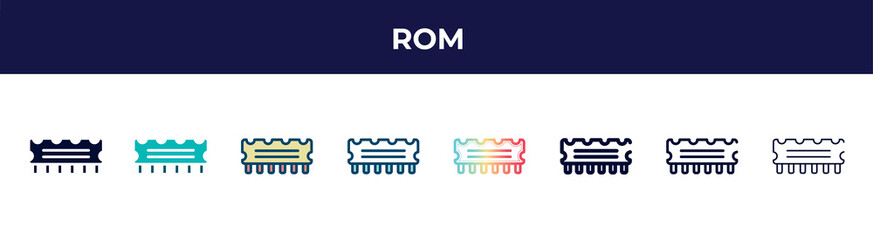 rom icon in 8 styles. line, filled, glyph, thin outline, colorful, stroke and gradient styles, rom vector sign. symbol, logo illustration. different style icons set.