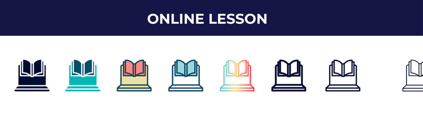 online lesson icon in 8 styles. line, filled, glyph, thin outline, colorful, stroke and gradient styles, online lesson vector sign. symbol, logo illustration. different style icons set.