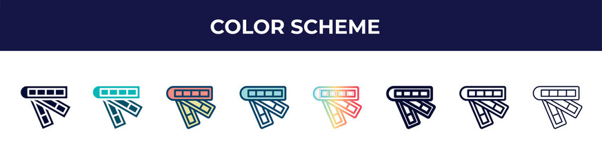 color scheme icon in 8 styles. line, filled, glyph, thin outline, colorful, stroke and gradient styles, color scheme vector sign. symbol, logo illustration. different style icons set.