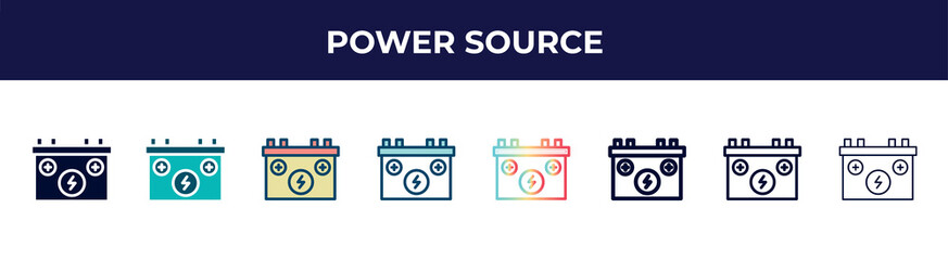 power source icon in 8 styles. line, filled, glyph, thin outline, colorful, stroke and gradient styles, power source vector sign. symbol, logo illustration. different style icons set.