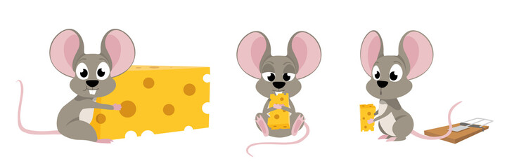 Vector illustration cute and beautiful mouse on white background. Charming character in different poses sitting with a big cheese, and stealing from a mousetrap in cartoon style.