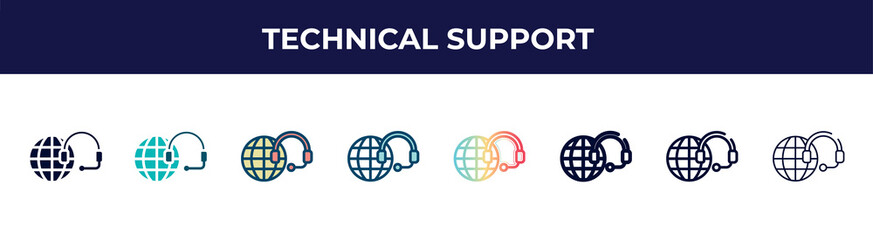 technical support icon in 8 styles. line, filled, glyph, thin outline, colorful, stroke and gradient styles, technical support vector sign. symbol, logo illustration. different style icons set.