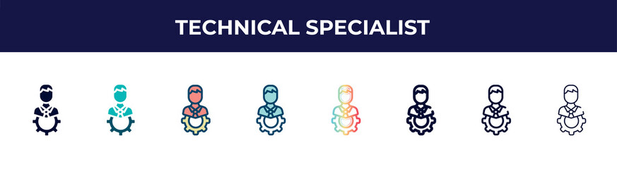 technical specialist icon in 8 styles. line, filled, glyph, thin outline, colorful, stroke and gradient styles, technical specialist vector sign. symbol, logo illustration. different style icons