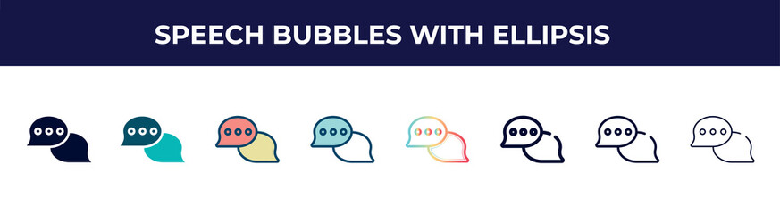 speech bubbles with ellipsis icon in 8 styles. line, filled, glyph, thin outline, colorful, stroke and gradient styles, speech bubbles with ellipsis vector sign. symbol, logo illustration. different