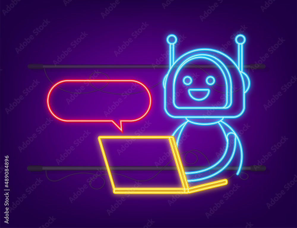Poster robot icon. bot sign design. chatbot symbol concept. voice support service bot. neon icon. online su