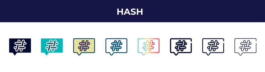 hash icon in 8 styles. line, filled, glyph, thin outline, colorful, stroke and gradient styles, hash vector sign. symbol, logo illustration. different style icons set.