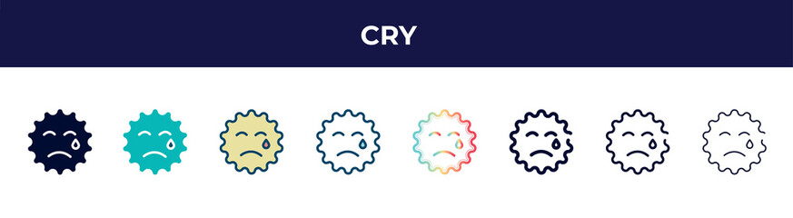 cry icon in 8 styles. line, filled, glyph, thin outline, colorful, stroke and gradient styles, cry vector sign. symbol, logo illustration. different style icons set.