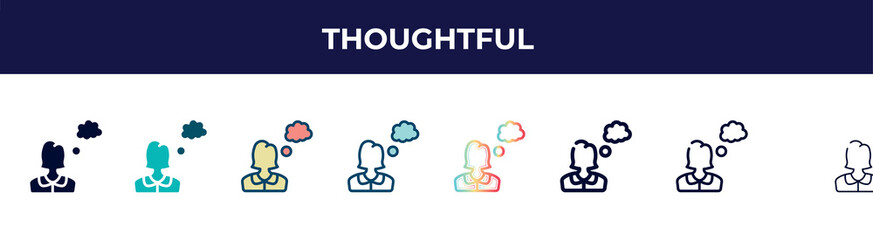 thoughtful icon in 8 styles. line, filled, glyph, thin outline, colorful, stroke and gradient styles, thoughtful vector sign. symbol, logo illustration. different style icons set.