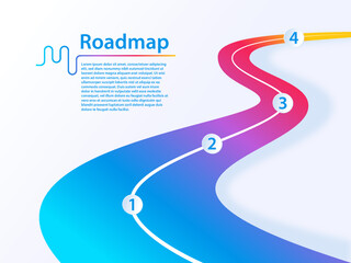 Project roadmap infographic as configurable template with illustration of colorful winding road and milestones