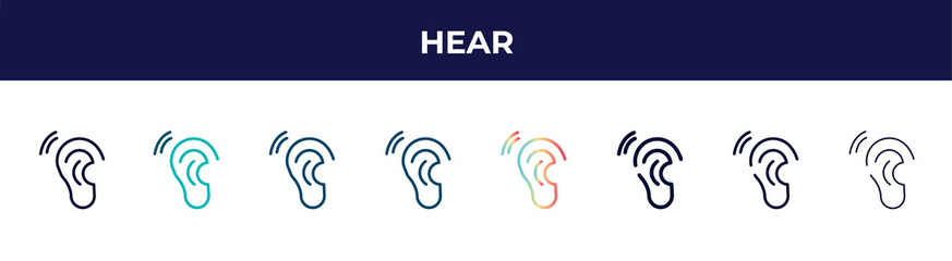 hear icon in 8 styles. line, filled, glyph, thin outline, colorful, stroke and gradient styles, hear vector sign. symbol, logo illustration. different style icons set.