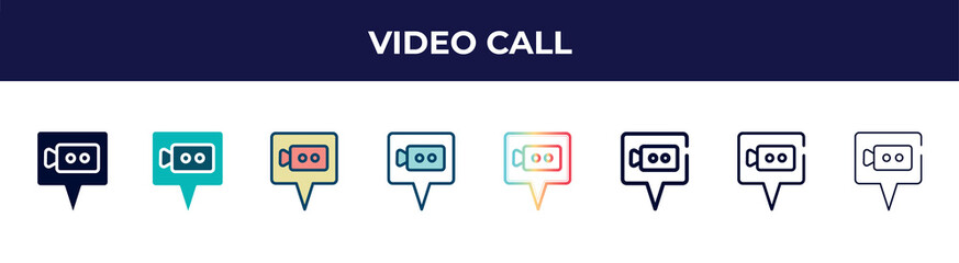 video call icon in 8 styles. line, filled, glyph, thin outline, colorful, stroke and gradient styles, video call vector sign. symbol, logo illustration. different style icons set.