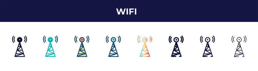wifi icon in 8 styles. line, filled, glyph, thin outline, colorful, stroke and gradient styles, wifi vector sign. symbol, logo illustration. different style icons set.