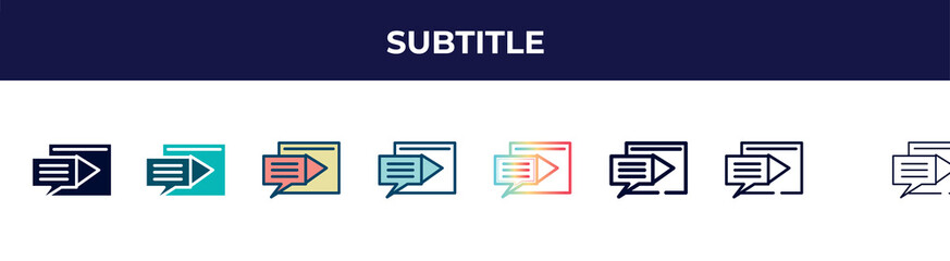 subtitle icon in 8 styles. line, filled, glyph, thin outline, colorful, stroke and gradient styles, subtitle vector sign. symbol, logo illustration. different style icons set.